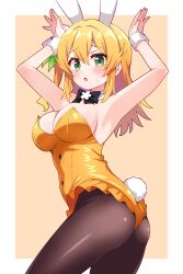 1girl :o alternate_costume animal_ear_hairband animal_ears armpits black_bow black_bowtie black_pantyhose blush border bow bowtie breasts cleavage collar commentary_request cowboy_shot detached_collar double-parted_bangs fake_animal_ears fake_tail green_eyes hair_between_eyes hairband hands_up headband highres hinatsuki_mikan large_breasts leotard long_bangs long_hair looking_to_the_side ma_tsukasa machikado_mazoku open_hands orange_background orange_hair orange_leotard outside_border palms pantyhose pantyhose_under_leotard playboy_bunny rabbit_ear_hairband rabbit_ears rabbit_tail raised_inner_eyebrows simple_background solo standing straight_hair sweatdrop tail white_border white_collar white_headband white_wrist_cuffs wrist_cuffs