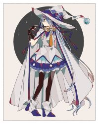 1girl ankle_boots arm_behind_back armpits black_gloves black_pantyhose blue_boots blue_eyes blue_hat boots border bow cloak closed_mouth commentary_request dress fingerless_gloves flat_chest full_body gloves grey_background hand_up hat hat_bow hatsune_miku highres ihako long_hair looking_to_the_side multicolored_hat necktie orange_necktie pantyhose partial_commentary profile purple_ribbon ribbon short_dress sleeveless sleeveless_dress snowflakes solo standing two-tone_background very_long_hair vocaloid white_border white_cloak white_dress witch_hat yuki_miku yuki_miku_(2014)