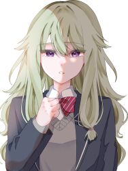 1girl arm_at_side blazer blue_jacket bow bowtie collared_shirt commentary_request diagonal-striped_bow diagonal-striped_bowtie diagonal-striped_clothes green_hair grey_sweater_vest hair_between_eyes half-closed_eyes hand_up highres jacket kamiyama_high_school_uniform_(project_sekai) kusanagi_nene lapels long_hair looking_at_viewer low-tied_sidelocks nagatuki_915 notched_lapels open_clothes open_jacket parted_lips project_sekai purple_eyes school_uniform shirt sidelocks simple_background solo striped_clothes sweater_vest upper_body white_background white_shirt