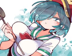 1girl blue_eyes blue_hair breasts bright_pupils green_sailor_collar hair_over_one_eye hat hishaku large_breasts long_hair massakasama murasa_minamitsu sailor_collar sailor_hat sailor_shirt shirt short_hair short_sleeves solo touhou upper_body white_pupils