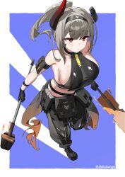 1girl absurdres arknights arm_pouch artist_name bare_shoulders black_boots black_choker black_gloves black_headband black_pants blush boots breasts broken_horn choker closed_mouth commentary_request crop_top dishui_tangni gloves gradient_horns grey_hair halterneck hammer headband highres holding holding_hammer holding_sword holding_weapon horns large_breasts long_hair looking_ahead multicolored_horns navel official_alternate_costume pants ponytail red_eyes sideboob sidelocks solo standing standing_on_one_leg sword vulcan_(arknights) vulcan_(ignis)_(arknights) weapon white_background