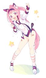 Rule 34 | 1girl, animal ears, bandaid, bandaid on leg, blush, buruma, clenched hand, commentary request, ear covers, fingerless gloves, gloves, gym uniform, haru urara (umamusume), headband, highres, horse ears, horse girl, horse tail, jacket, kiguchiko, long hair, looking at viewer, open clothes, open jacket, open mouth, pink eyes, pink hair, ponytail, red buruma, red gloves, red headband, shirt, simple background, socks, solo, standing, star (symbol), tail, umamusume, white jacket, white shirt, white socks