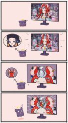 ...? 1other 2girls 4koma absurdres animal_ears black_hair blue_eyes blunt_bangs chibi comic commentary english_commentary fang flat_screen_tv gradient_hair hakos_baelz hakos_baelz_(casual) halo heart highres hololive hololive_english jumping long_hair mouse_ears mouse_girl mpien mr._squeaks_(hakos_baelz) multicolored_hair multiple_girls ninomae_ina&#039;nis ninomae_ina&#039;nis_(casual) octopus open_mouth orange_hair pink_background pointy_ears purple_hair red_hair silent_comic simple_background solid_circle_eyes speech_bubble streaked_hair sunglasses surprised takodachi_(ninomae_ina&#039;nis) television tentacle_hair tentacles thought_bubble virtual_youtuber watching_television white_hair