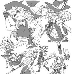 1girl bow braid broom broom_surfing grin hat hat_bow highres holding holding_broom kirisame_marisa long_hair mero_(starfish_jcs) multiple_views official_alternate_costume short_twintails single_braid sketch skirt smile smirk touhou twintails vest waist_bow walking witch witch_hat