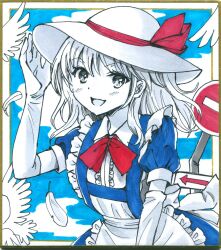 1girl :d apron bird blue_dress blue_sky commentary_request dove dress elbow_gloves falling_petals feathered_wings frilled_apron frills gloves hajike_akira hat hat_ribbon highres kana_anaberal limited_palette medium_hair neck_ribbon no_entry_sign open_mouth outdoors petals puffy_short_sleeves puffy_sleeves red_ribbon ribbon road_sign short_sleeves sign sky smile solo sun_hat touhou touhou_(pc-98) traditional_media upper_body white_apron white_gloves white_wings wings