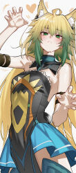 1girl absurdres ahoge animal_ear_fluff animal_ears arm_strap atalanta_(fate) bare_shoulders blonde_hair blue_boots blush boots breasts colored_tips commentary detached_collar dress fate/apocrypha fate_(series) green_eyes green_hair highres kamisato_sora looking_at_viewer multicolored_hair paw_pose slit_pupils small_breasts solo thigh_boots thighhighs white_background zettai_ryouiki