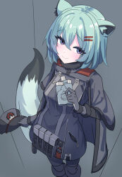 1girl animal_ears blue_archive gloves green_hair grey_gloves grey_jacket grey_pantyhose hair_between_eyes highres jacket looking_at_viewer medium_hair naturalpot pantyhose purple_eyes shigure_(blue_archive) shoulder_strap solo tail weasel_ears weasel_girl weasel_tail