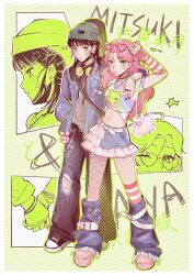 Rule 34 | 2girls, arm around neck, asymmetrical skirt, badge, bag, baggy pants, beanie, belt, black hair, black nails, black shoes, blue jacket, blue leg warmers, button badge, chain, character name, charm (object), choppy bangs, closed mouth, commentary, couple, cropped shirt, denim, denim leg warmers, denim skirt, ear piercing, earrings, english commentary, eyewear on head, full body, green eyes, grey hat, grey pants, grey shirt, hair ornament, hairpin, hand in pocket, harajuku fashion, hat, headphones, headphones around neck, heart, heart-shaped eyewear, heart belt buckle, heart hair ornament, highres, holding hands, hoop earrings, jacket, jewelry, kininatteru hito ga otoko ja nakatta, koga mitsuki, leg belt, leg warmers, long hair, looking at viewer, mask, mask pull, medium hair, merelywufeii, midriff, miniskirt, mole, mole under eye, mouth mask, multicolored shirt, multiple girls, multiple rings, multiple views, navel, necklace, one eye closed, oosawa aya, open clothes, open jacket, pants, parted bangs, pearl necklace, piercing, pink-tinted eyewear, pink hair, pink shoes, portrait, red arm warmers, ring, shirt, shoes, short sleeves, shoulder bag, skirt, sneakers, spikes, standing, star sticker, sticker on face, striped arm warmers, thigh strap, tinted eyewear, tomboy, torn clothes, torn pants, white belt, yuri