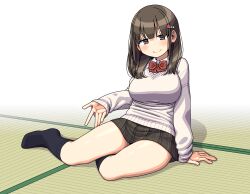 1girl blush bow bowtie breasts brown_eyes brown_hair closed_mouth flower_hairpin highres large_breasts long_hair long_sleeves looking_at_viewer maruput original pleated_skirt school_uniform sitting skirt sleeves_past_wrists smile socks solo sweater thighs yokozuwari