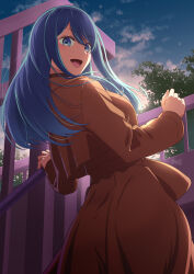 1girl absurdres blue_eyes blue_hair blue_sky breasts bridge brown_coat cloud coat day from_behind girugiru_(tektonics6588) highres kurokawa_akane long_hair looking_at_viewer looking_back oshi_no_ko outdoors railing sky solo tree trench_coat very_long_hair