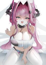 1girl absurdres arknights arknights:_endfield bare_shoulders between_legs black_horns blue_eyes blue_hair breasts claw_pose cleavage crop_top diamond-shaped_pupils diamond_(shape) fang full_body hair_intakes hand_between_legs hand_up highres horns large_breasts marceau_44 multicolored_hair navel open_mouth pink_hair pointy_ears sitting skin_fang smile solo streaked_hair symbol-shaped_pupils wariza white_background yvonne_(arknights)
