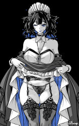 1girl ;) arknights bare_shoulders blue_eyes blue_hair blue_lips blue_nails breasts clothes_lift colored_inner_hair detached_sleeves female_pubic_hair furauji garter_belt jewelry kjera_(arknights) large_breasts lifting_own_clothes medium_hair multicolored_hair necklace one_eye_closed pubic_hair simple_background skirt skirt_lift smile solo spot_color standing thighhighs