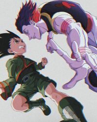 2boys black_hair child duel enoki_(gongindon) facepaint foreshortening frown full_body gon_freecss green_shorts hair_slicked_back highres hisoka_morow hunter_x_hunter male_focus multiple_boys official_alternate_costume outstretched_arms outstretched_hand reaching reaching_towards_viewer red_hair serious short_hair shorts simple_background sleeveless smile spiked_hair yellow_eyes