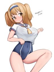 1girl absurdres aoba_(kancolle) aoba_(kancolle)_(cosplay) blue_one-piece_swimsuit breasts brown_eyes brown_hair cosplay feet_out_of_frame hairband highres i-26_(kancolle) kantai_collection large_breasts long_hair maru_(marg0613) neckerchief new_school_swimsuit one-hour_drawing_challenge one-piece_swimsuit purple_sailor_collar sailor_collar sailor_shirt school_swimsuit school_uniform serafuku shirt simple_background solo swimsuit swimsuit_under_clothes two-tone_hairband two_side_up white_background white_shirt yellow_neckerchief