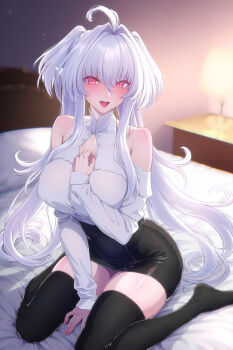 Rule 34 | 1girl, ahoge, bare shoulders, bed, blush, breasts, fate/grand order, fate (series), kemurin, lady avalon (fate), large breasts, long hair, long sleeves, looking at viewer, merlin (fate/prototype), open mouth, pink eyes, pointy ears, skirt, smile, solo, thighhighs, twintails, white hair