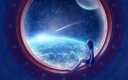 1girl above_clouds absurdres against_glass au_ito backlighting black_hair black_shirt black_shorts breasts cloud commentary_request from_side highres long_hair multicolored_shirt no_shoes original planet scenery science_fiction shirt short_sleeves shorts sidelocks sitting small_breasts solo space space_station star_(sky) straight_hair sun thighhighs white_shirt white_thighhighs wide_shot window windowsill zettai_ryouiki