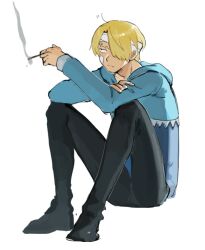 1boy arms_on_knees bandaged_head bandages black_pants blonde_hair blue_sweater closed_mouth collarbone curly_eyebrows facial_hair full_body goatee highres hood hooded_sweater long_sleeves looking_ahead male_focus one_piece pants sanji_(one_piece) short_hair simple_background sitting smoke smoking solo sweater tokoni_fusu white_background