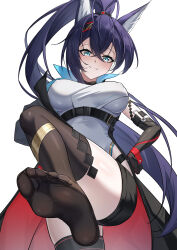 1girl absurdres animal_ears arknights black_gloves black_hair black_shorts black_thighhighs blaze_(arknights) blaze_the_igniting_spark_(arknights) blue_eyes breasts cat_ears cat_girl closed_mouth dai_mao_xuan_yi feet foot_focus gloves hand_on_own_hip high_ponytail highres large_breasts long_hair looking_at_viewer no_shoes ponytail shirt shorts simple_background smile solo thighhighs white_background white_shirt