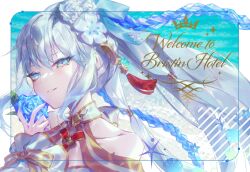 1girl blue_eyes blue_flower bow emoillu fate/grand_order fate_(series) flower hair_between_eyes hair_bow hair_flower hair_ornament long_hair looking_at_viewer morgan_le_fay_(fate) morgan_le_fay_(water_princess)_(fate) ponytail smile solo swimsuit white_hair