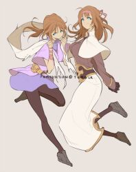 1girl acolyte_(ragnarok_online) alternate_costume black_pantyhose blue_eyes blue_tunic breasts brown_hair brown_shirt capelet closed_mouth full_body fumiddition grey_background grey_shoes hairband jumping long_hair long_sleeves looking_at_viewer medium_breasts pantyhose pink_hairband purple_shirt ragnarok_online shirt shoes simple_background skirt smile tunic white_capelet white_skirt