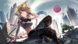 1girl ahoge arm_behind_head arm_wrap black_pants blonde_hair breasts closed_mouth crop_top grey_hair grey_shirt hashiko_(neleven) highres indie_virtual_youtuber lizard midriff moon multicolored_hair navel pants pink_eyes ruins second-party_source shirt shoes short_hair streaked_hair sunny_splosion sunny_splosion_(1st_costume) virtual_youtuber
