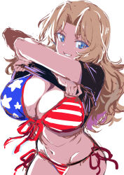 Rule 34 | 1girl, american flag, american flag bikini, american flag print, bikini, blonde hair, blue eyes, breasts, cleavage, clothes lift, flag print, flag print bikini, front-tie bikini top, front-tie top, girls und panzer, highres, kay (girls und panzer), large breasts, long hair, looking at viewer, nakahira guy, print bikini, shirt lift, side-tie bikini bottom, standing, swimsuit, white background