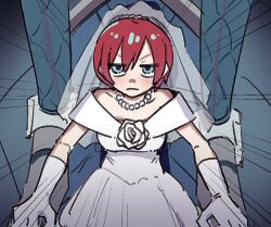 1girl amate_yuzuriha bare_shoulders bridal_veil cockpit commentary dress gloves green_eyes gundam gundam_gquuuuuux jewelry karaage_unai necklace necktie pearl_necklace red_hair short_hair solo veil wedding_dress white_gloves