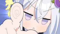1girl :&lt; absurdres animated animated_gif azusa_(blue_archive) blue_archive closed_mouth commentary_request dwon1226 flower frown hair_between_eyes hair_flower hair_ornament halo highres jitome korean_commentary looking_at_viewer lucky_star motteke!_serafuku no_pupils parody pointing pointing_at_viewer portrait purple_eyes purple_flower solo v-shaped_eyebrows white_hair yellow_halo