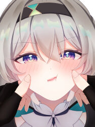 1girl :t black_gloves black_hairband closed_mouth fingerless_gloves firefly_(honkai:_star_rail) gloves grey_hair hair_between_eyes hair_ornament hairband hands_on_another&#039;s_cheeks hands_on_another&#039;s_face highres honkai:_star_rail honkai_(series) lips looking_at_viewer pink_eyes pout simple_background solo_focus stelle_(honkai:_star_rail) str_sawa trailblazer_(honkai:_star_rail) white_background