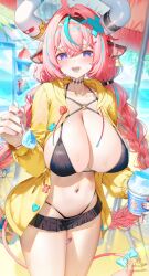 1girl alternate_costume animal_ears aqua_hair bandaid_on_horn beach bikini bikini_skirt black_bikini blue_pupils braid breasts cow_ears cow_girl cow_horns cow_tail cup day ear_bell food genshin_impact highres holding holding_cup holding_spoon horns huge_breasts jacket kiramarukou long_hair looking_at_viewer low_twin_braids multicolored_hair navel open_mouth pink_hair pink_tail purple_eyes red_nails shaved_ice signature solo spoon stomach streaked_hair sweat swimsuit tail twin_braids varesa_(genshin_impact) white_horns yellow_jacket