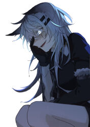 1girl absurdres animal_ear_fluff animal_ears arknights black_gloves black_jacket feet_out_of_frame gloves glowing glowing_eye grey_hair hair_between_eyes hair_ornament hairclip hand_on_own_face hand_up highres jacket lappland_(arknights) long_hair long_sleeves naruse_azusa open_mouth sharp_teeth simple_background solo squatting teeth very_long_hair wet wet_hair white_background white_hair