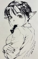 1girl artist_name black_eyes black_hair crossed_arms dated from_side highres ink_(medium) looking_at_viewer medium_hair monochrome mouth_hold neyuki_rei original painting_(medium) pen_(medium) pointy_ears self_hug solo spot_color traditional_media upper_body watercolor_(medium)