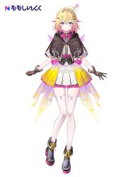 1girl black_footwear black_gloves blonde_hair bow bowtie closed_mouth cross-laced_footwear dress earrings full_body gloves hair_ornament highres ieiri_popo jewelry looking_at_viewer multicolored_hair nanashi_inc. official_art pink_bow pink_bowtie pink_hair purple_eyes riichu short_hair short_sleeves simple_background smile solo standing thighhighs virtual_youtuber white_background white_thighhighs zettai_ryouiki
