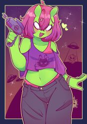Rule 34 | 0 0, 1girl, :3, alien, bead bracelet, beads, blush, bra, bracelet, breasts, cleavage, colored skin, commentary, crop top, directed-energy weapon, energy gun, english commentary, flamingjelly, green outline, green skin, hair ornament, hairclip, heart, highres, holding, holding weapon, horns, jewelry, medium hair, navel, open mouth, original, outline, panties, pants, pink hair, ray gun, short sleeves, signature, single off shoulder, small breasts, smile, solo, sparkle, thigh gap, ufo, underwear, weapon