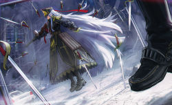 Rule 34 | 1girl, absurdres, altair (re:creators), armband, asymmetrical dual wielding, belt, black gloves, black hat, black jacket, building, buttons, car, city, crack, dual wielding, epaulettes, floating, floating hair, floating object, floating sword, floating weapon, gauntlets, gloves, gun, hair between eyes, hair ribbon, hat, highres, holding, holding gun, holding sword, holding weapon, jacket, letro, long hair, long sleeves, metal gloves, military, military hat, military uniform, motor vehicle, multiple weapons, re:creators, red eyes, red ribbon, ribbon, shako cap, sidelocks, simple background, smile, snow, solo, sword, teeth, two side up, very long hair, weapon, white background, white hair