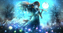 00 1girl bird closed_eyes dark dress elf fantasy female_focus field flute full_moon goose highres instrument jpeg_artifacts light_particles long_hair moon music night original playing_instrument pointy_ears scenery sky solo tree wind