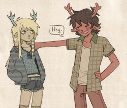 1boy 1girl aged_down animal_ears antlers blonde_hair blue_bow blue_eyes blue_shorts blue_streaks blush_stickers bow breasts brown_hair brown_pants cardigan carol_holiday commentary deer_ears deltarune denim denim_shorts english_commentary expressionless fishnet_socks fishnets highres horns jacket long_hair medium_hair midriff multicolored_hair open_cardigan open_clothes open_jacket pants plaid_clothes plaid_jacket reindeer_antlers reindeer_boy reindeer_girl rudolph_holiday shirt shorts sidelocks small_breasts socks speech_bubble streaked_hair striped_cardigan szivarvanyturmix02 two-tone_hair white_shirt