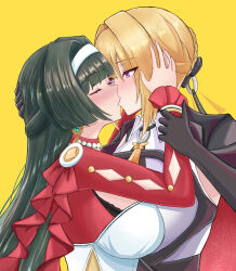 2girls astra_yao black_coat black_hair blonde_hair blush braid braided_bun breasts chest_harness closed_eyes coat earrings evelyn_chevalier hair_bun hairband hand_on_another&#039;s_head harness highres jacket jacket_over_shoulder jewelry kiss large_breasts long_hair long_sleeves miyabidai multiple_girls necklace pearl_necklace purple_eyes ring_hair_ornament short_hair unworn_jacket white_hairband yuri zenless_zone_zero