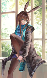 1girl absurdres amiya_(arknights) animal_ears arknights ascot black_jacket black_pantyhose blue_ascot blue_eyes blue_shoes blue_skirt brown_hair buttons commentary hand_on_own_ankle head_tilt highres jacket jewelry knee_up long_hair long_sidelocks long_sleeves looking_at_viewer multiple_rings open_clothes open_jacket pantyhose plaid_clothes plaid_skirt plant ponytail puranetto_(vjun4748) rabbit_ears rabbit_girl ring shoes sidelocks sitting skirt smile solo sweater two-sided_fabric two-sided_jacket very_long_hair white_sweater window