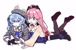 2girls ahoge annoyed black_thighhighs blue_eyes blue_hair blush cardigan flower full_body green_eyes grey_jacket hair_between_eyes hair_flower hair_ornament hairclip highres hitting hololive hoshimachi_suisei hoshimachi_suisei_(1st_costume) jacket loafers long_hair long_sleeves lying multiple_girls official_alternate_costume on_stomach pink_hair plaid_clothes plaid_jacket sakura_miko sakura_miko_(casual) shoes simple_background thighhighs virtual_youtuber white_background yellow_cardigan yumi5469 yuri