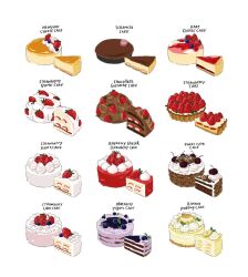 banana banana_slice blueberry cake cake_slice cheesecake cherry chocolate_cake commentary_request english_text food food_focus fruit fruit_tart highres korean_commentary leaf moreparsley no_humans original powdered_sugar pudding simple_background strawberry strawberry_shortcake strawberry_slice strawberry_tart tart_(food) white_background