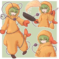 1girl absurdres alternate_costume border commission food food_costume fried_rice frying_pan green_background green_eyes green_hair highres holding holding_knife knife kokowoch komeiji_koishi meme open_mouth shrimp shrimp_fried_this_rice_(meme) shrimp_tempura tempura third_eye tongue tongue_out touhou white_border