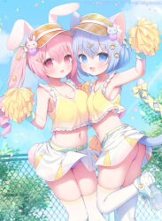 2girls :d animal_ear_fluff animal_ears armpits arms_up ass bell belt blue_eyes blue_hair blue_sky blush bow breasts cat_ears cat_girl cat_tail chain-link_fence cheering cheerleader cleavage cloud commentary_request confetti crop_top day fang fence green_bow hair_between_eyes hair_bow hair_ornament hairclip holding holding_pom_poms jingle_bell long_hair looking_at_viewer medium_breasts midriff multiple_girls navel onka open_mouth original outdoors panties pink_hair pleated_skirt pom_pom_(cheerleading) pom_poms purple_panties rabbit_ears red_eyes ringlets sakura_(usashiro_mani) shoe_soles shoes skirt sky small_breasts smile standing standing_on_one_leg star_(symbol) tail tail_bell tail_bow tail_ornament tank_top thighhighs twintails underwear usashiro_mani visor_cap white_shoes white_skirt white_thighhighs yellow_tank_top