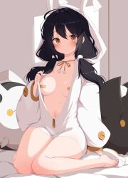 1girl absurdres ahoge animal_hood bandaid bandaids_on_nipples bare_legs black_hair breasts closed_mouth commission drone elsword eve_(2nas)_(elsword) eve_(elsword) facial_mark hair_ornament hair_over_shoulder hand_up highres hood hooded_jacket jacket long_hair long_sleeves looking_at_viewer low_twintails moby_(elsword) navel open_clothes open_jacket orange_eyes partially_unzipped pasties puffy_long_sleeves puffy_sleeves remy_(elsword) sitting slippers small_breasts smile solo thighs twintails w.k wariza white_jacket zipper