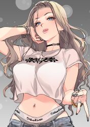1girl black_choker blonde_hair blue_eyes bracelet breasts choker earrings gyaru_v highres jewelry large_breasts long_hair looking_at_viewer navel navel_piercing necklace original panties piercing ring saeki_shun shirt simple_background solo tongue tongue_out underwear v white_shirt