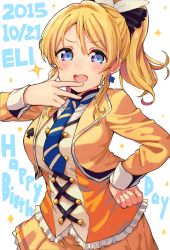 10s 1girl ayase_eli blonde_hair blue_eyes breasts earrings female_focus hand_on_own_hip happy_birthday haruken jewelry large_breasts looking_at_viewer love_live! love_live!_school_idol_project necktie open_mouth ponytail short_hair smile solo spade spade_(shape) spade_earrings sunny_day_song