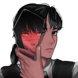 2girls black_hair chainsaw_man collared_shirt cross_scar different_reflection dress fourth_east_high_school_uniform glass_shard glass_shards holding_glass_shard long_hair looking_at_viewer mitaka_asa multiple_girls orange_eyes pinafore_dress procrartist reflection ringed_eyes scar scar_on_face school_uniform shirt simple_background sleeveless sleeveless_dress twintails white_background white_shirt yoru_(chainsaw_man)