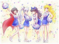 4girls :d ahoge animal_ears arm_up armpits bare_arms bare_legs black_hair blake_belladonna blonde_hair blue_eyes blush bow breasts cape cat_ears cheerleader cleavage cloak closed_mouth collarbone company_connection confetti full_body grey_eyes hair_bow hair_ornament hair_ribbon hand_up hands_on_own_hips hands_together happy high_ponytail holding holding_pom_poms hood hooded_cape iesupa lazer_team leaning_forward long_hair looking_at_viewer multicolored_hair multiple_girls nervous open_mouth outstretched_arm pom_pom_(cheerleading) pom_poms ponytail purple_eyes red_cape red_hair ribbon roosterteeth ruby_rose rwby shoes short_hair side_ponytail smile standing team very_long_hair waving wavy_mouth weiss_schnee white_hair yang_xiao_long yellow_eyes