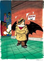 bat_wings billy_bat billy_bat_(character) boots brown_pants building detective fang fang_out hand_in_pocket night night_sky non-web_source official_art pants shirt shoes sky solo wanted_poster white_boots wings yellow_shirt