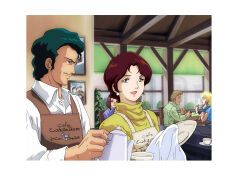 Rule 34 | 3boys, 3girls, alternate universe, apron, astonaige medoz, black pants, blonde hair, blue shirt, blue sweater, border, bowl, bright noa, brown apron, brown hair, cafe, chair, cleaning rag, closed eyes, closed mouth, clothes writing, collared shirt, commentary, cup, dokite tsukasa, earrings, facial hair, family portrait, fork, game cg, green eyes, green hair, green jacket, gundam, gundam gihren no yabou, hand on own chest, hathaway noa, head rest, highres, holding, holding cup, holding fork, holding plate, holding teapot, husband and wife, indoors, jacket, jewelry, kayra su, lipstick, looking at another, makeup, mirai yashima, multiple boys, multiple girls, mustache, official art, open mouth, pants, pencil mustache, photo (object), pink lips, plate, round table, salad, saucer, shirt, short hair, sitting, smile, standing, sweater, table, teacup, teapot, turtleneck, turtleneck sweater, white apron, white border, white shirt, window, wooden bowl, wooden chair, wooden table, yellow sweater